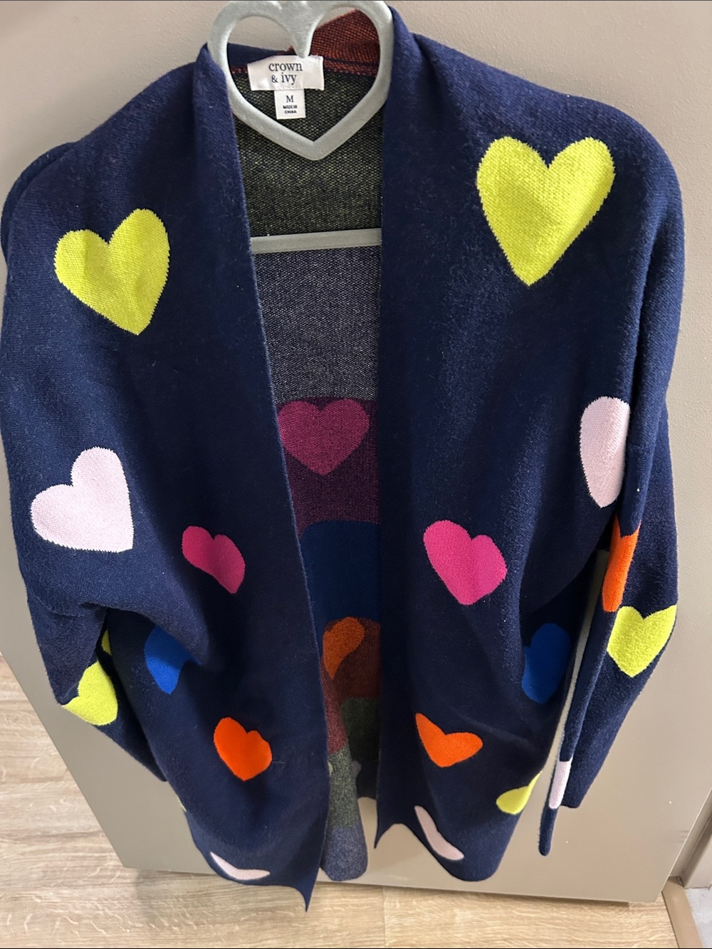 Crown & Ivy Navy Heart Print Open Cardigan